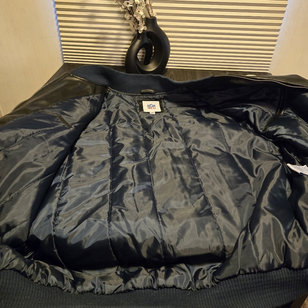 NFL Blue and Gray Varsity Bomber Jacket with Patch Embellishments - Picture 6 of 7